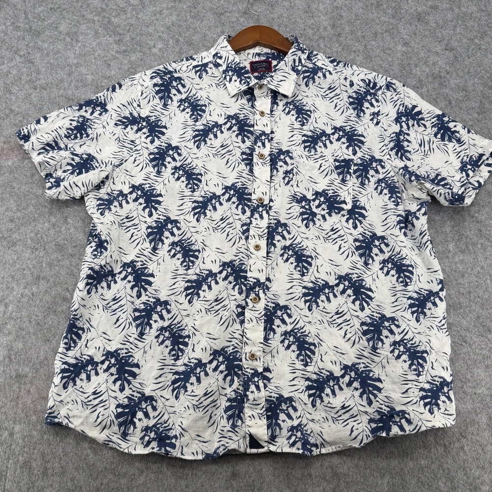 UNTUCKit Mens XXL Linen Short Sleeve ButtonDown Shirt Blue Tropical Monster Leaf